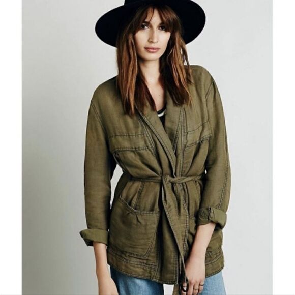 Free People Army Green Military Warp Jacket Cargo Utility Trench belted Size M - Picture 1 of 15